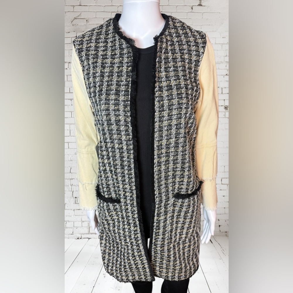 UPCYCLED one of a kind Boucle Tweed long open blazer w/ corduroy sleeves |Size M